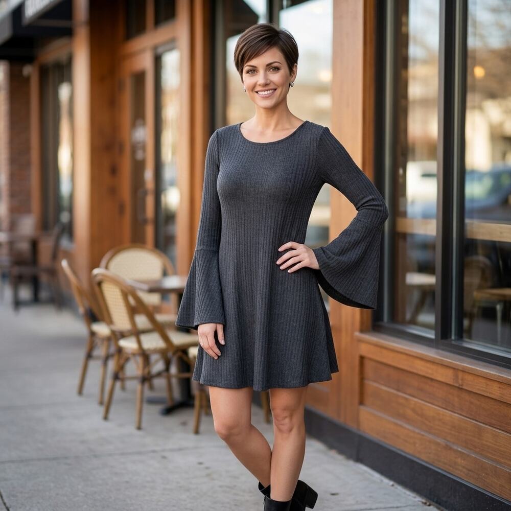 Altar'd State Cayleigh Gray Ribbed Knit Bell Sleeve Dress Women Size S
